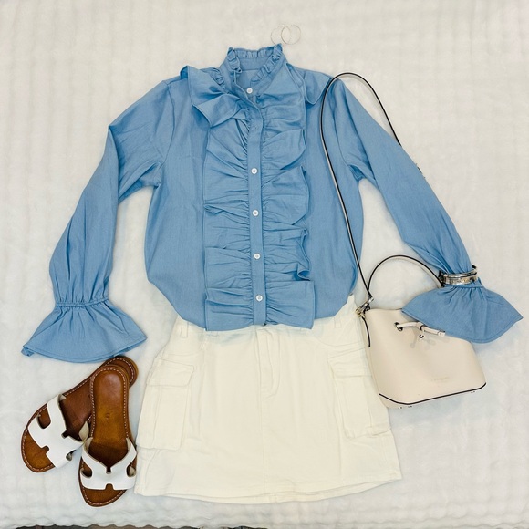 Blue Ruffled Button Up Blouse - Picture 1 of 5